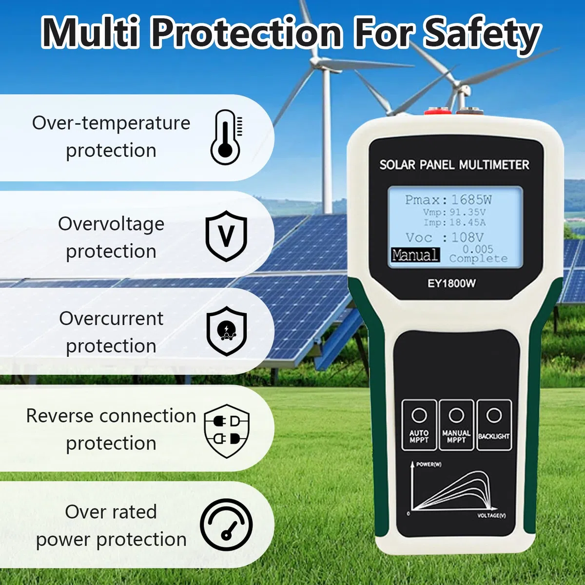 Probador De Paneles Solares, 1800W Multímetro Fotovoltaico Medidor Solar Mppt Con Pantalla Lcd Ultra Clara Gran Tamaño Detección Automática/Manual Mide Voltaje Circuito Abierto Punto Máxima Potencia