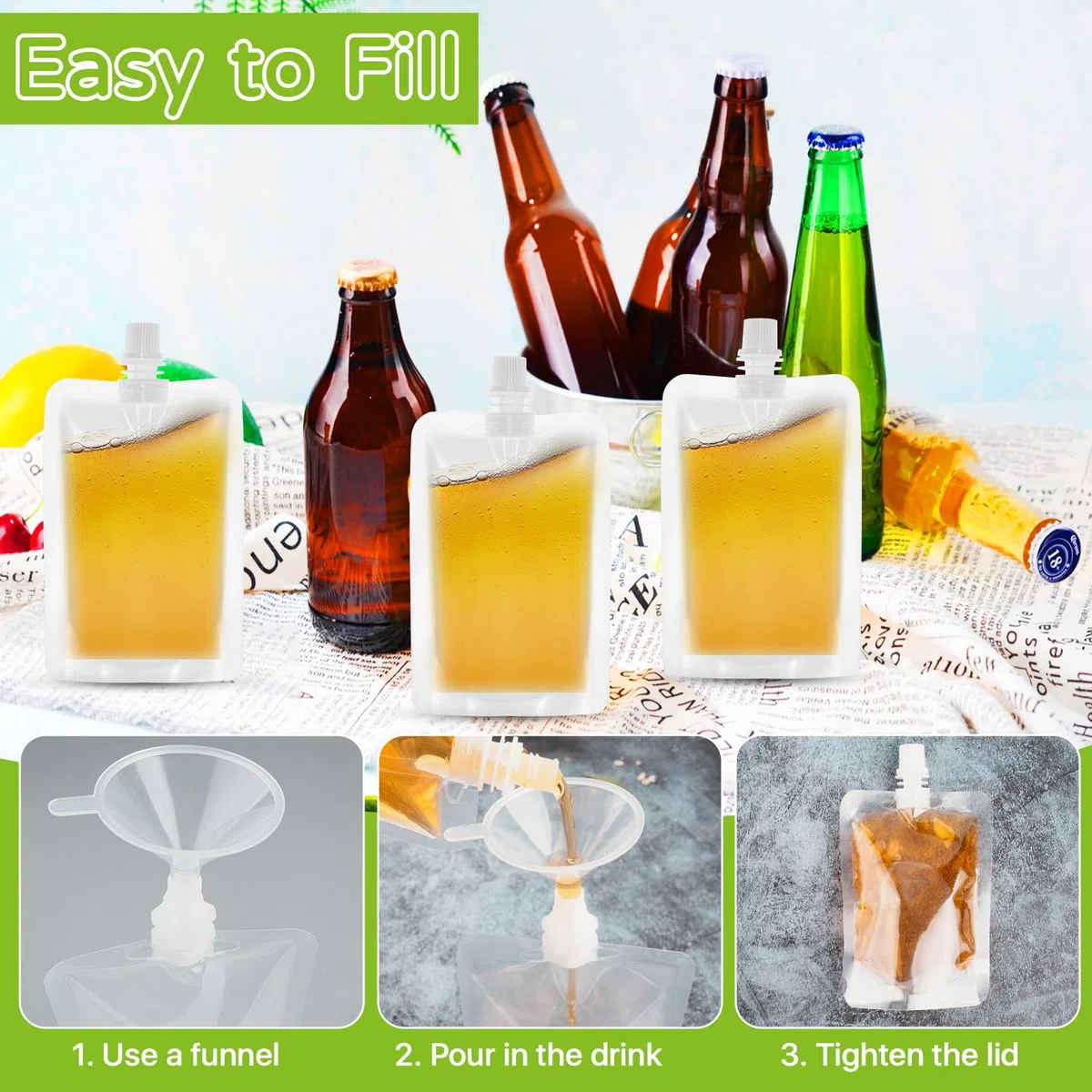 100 bolsas de bebidas de 100 ml para festivales, frascos de plástico recargables con 4 embudos, a prueba de fugas, bolsas transparentes para líquidos fríos y calientes, fiestas, viajes