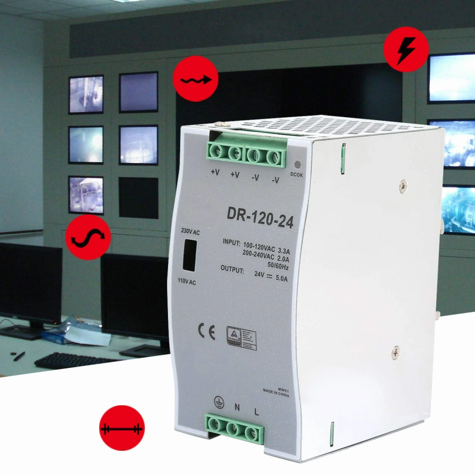 100~240V 24V 5A 35mm Fuente de alimentación de conmutación de carril DIN Eficiente AC/DC Carril DIN industrial Fuente de alimentación de 120W Modulación de ancho de pulso para industrial