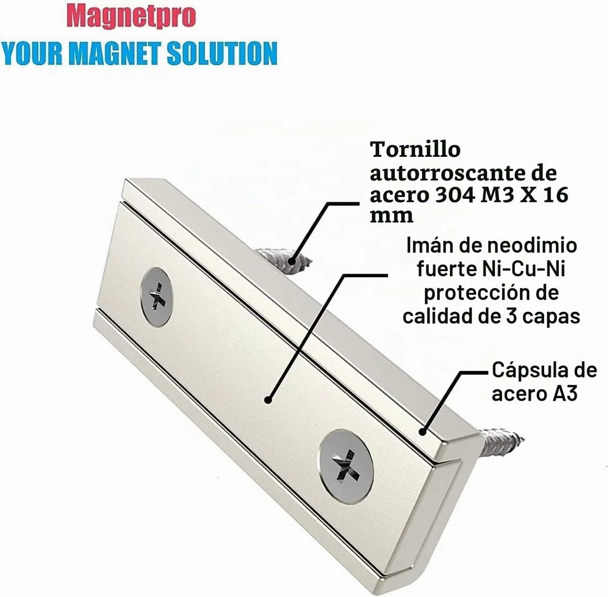 Magnetpro 16 piezas de imanes rectangulares 20 KG de fuerza 40 x 13,5 x 5 mm con orificio y cápsula de acero, imán de maceta para uso doméstico e industrial con tornillos