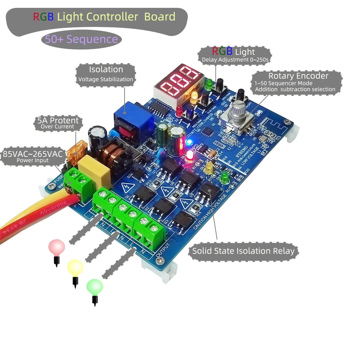 2.4G RF control remoto del controlador de semáforos de tráfico secuenciador con 50+ secuencias 3 canales 85VAC-265VAC Fácil de programar y arreglar la instalación Accesorios completos Visualiza