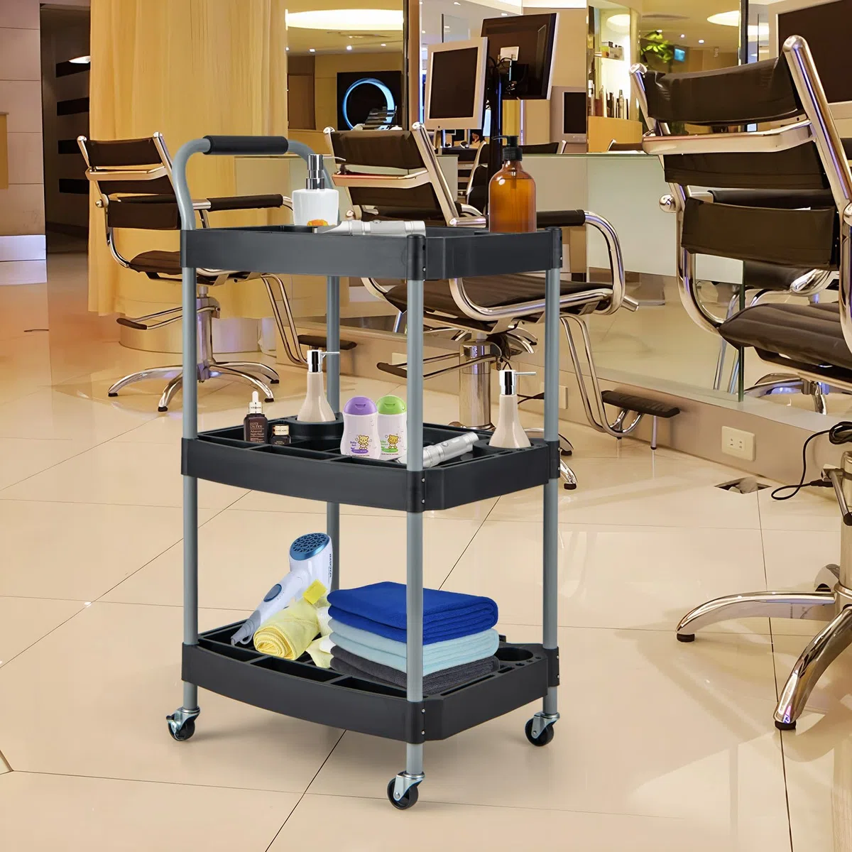 GYMAX Carro de Herramientas de 3 Niveles, Móvil con Asa, Ranura de Almacenamiento, Ruedas Universales, Organizador Resistente para Garaje, Barbería, Salón de Belleza, Taller