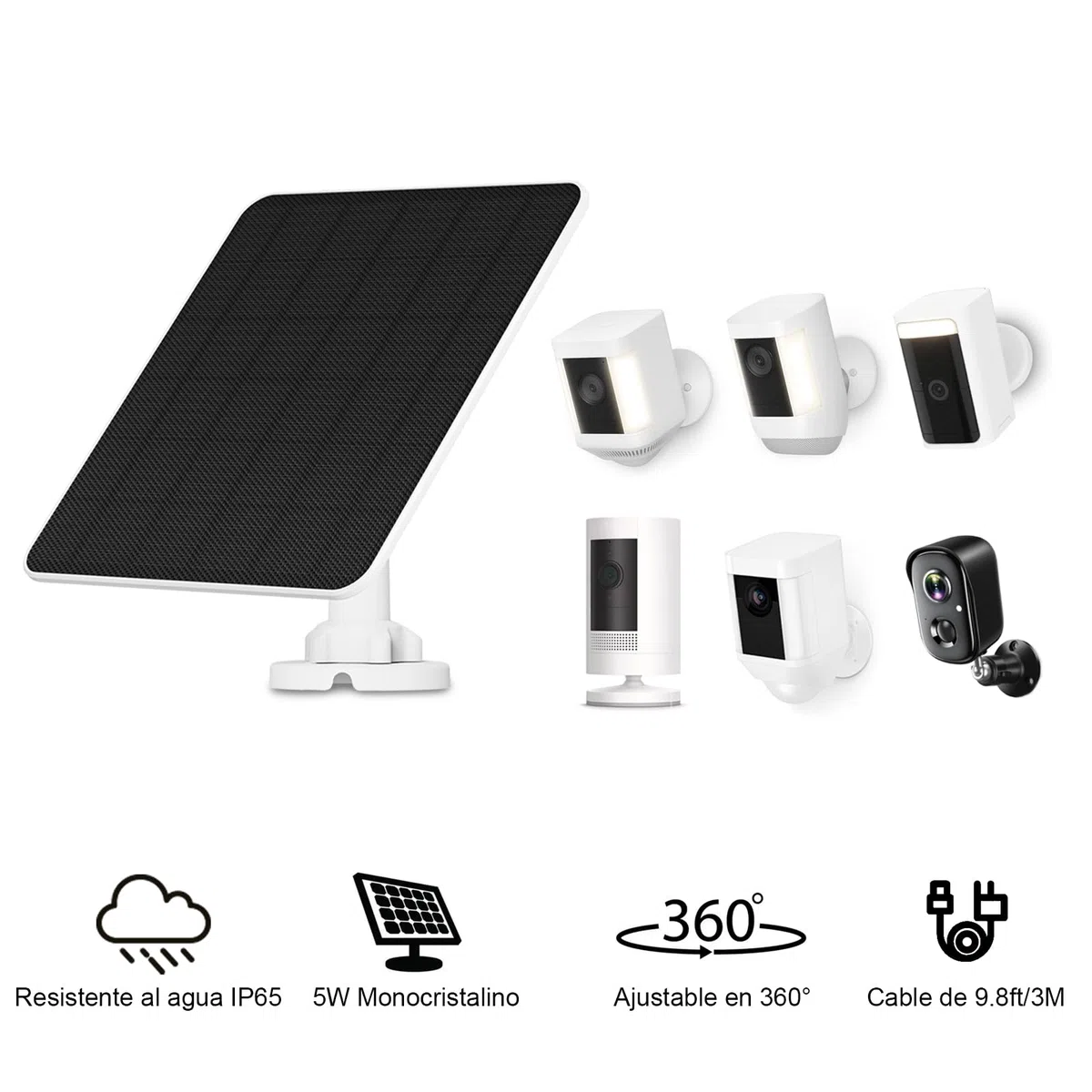 Panel Solar para Cámara Ring, 5W Panel Solar para Cámara para Ring Stick Up Cam/Pro Batería, Spotlight Cam/Plus/Pro, Wyze Batería Pro, Solar para Cámara Ring con Cable de 9,8 Pies, Pack de 2