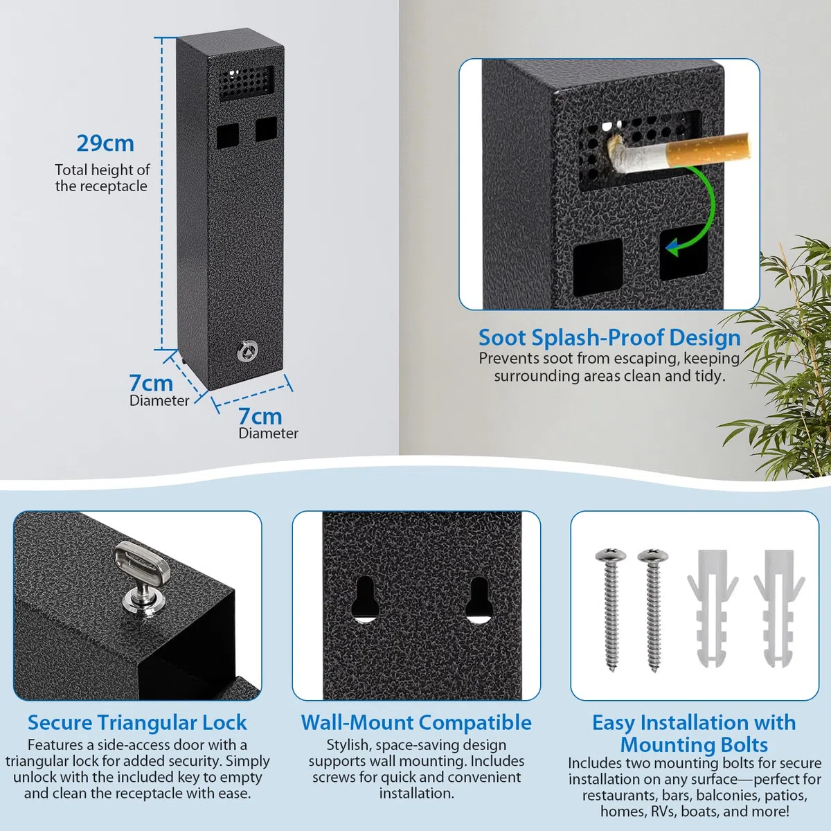 Cenicero De Pared Para Exterior, Cenicero Para Cigarrillos Montaje En Pared, Acero Inoxidable Con Cerradura, Resistente A La Intemperie, Tubular, Para Terraza, Restaurante, Hotel Y Oficina, Negro