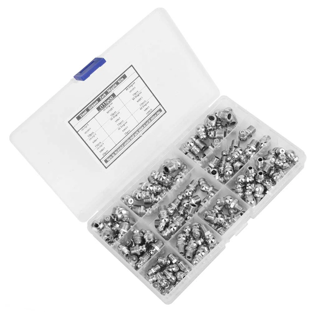 Kit de accesorios de engrase hidráulico de 115 piezas, accesorios de engrasador Zerk de grasa de acero Anticorrosión y antioxidante M6 M8 M10 incluyendo codo de tubo recto
