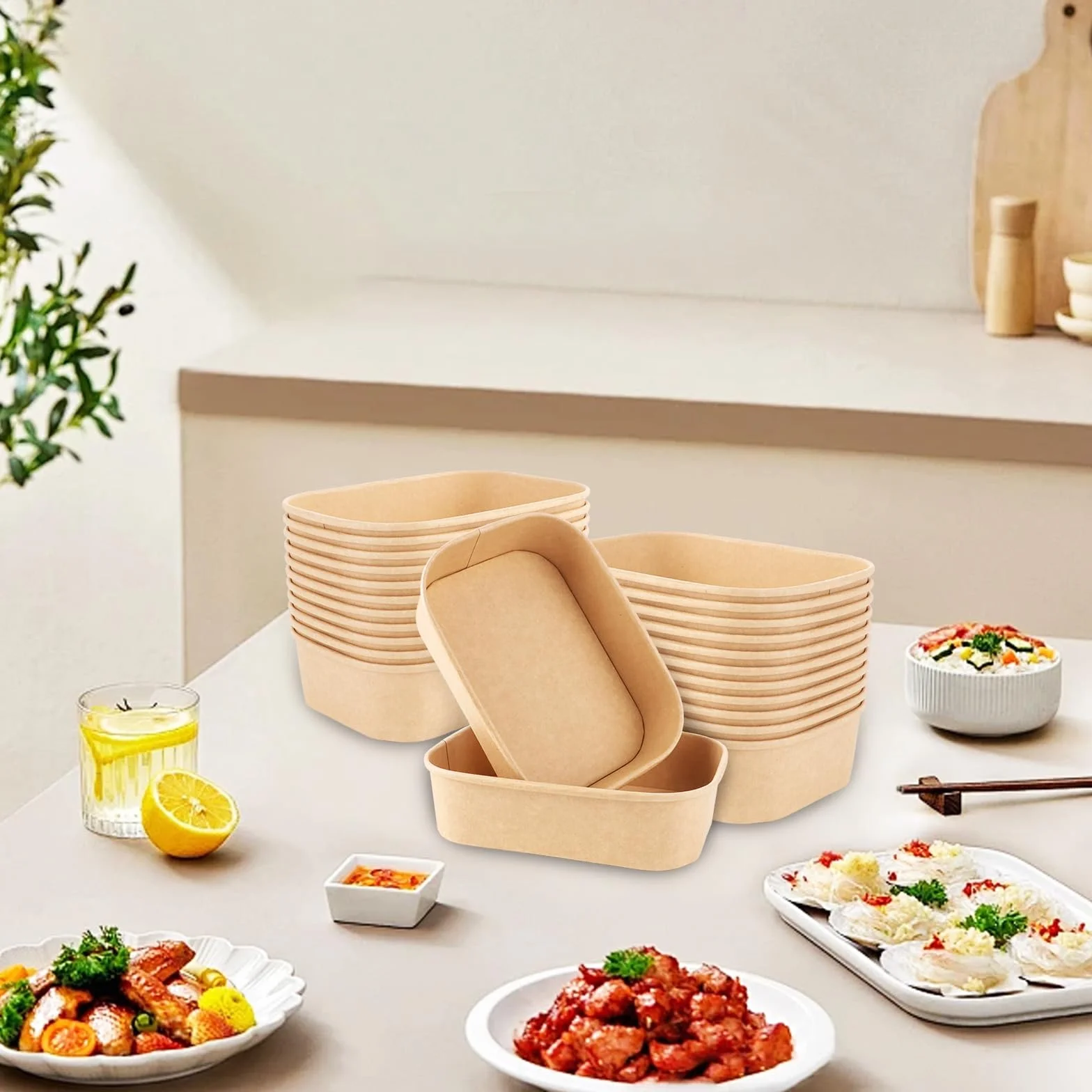 Pack de 50 Envases de Plastico con Tapa, Envase Plastico Comida para Llevar 500 ml con Tapa PET, Envases Comida para Llevar Cajas Kraft 171x120x43 Mm para Ensalada Pasta