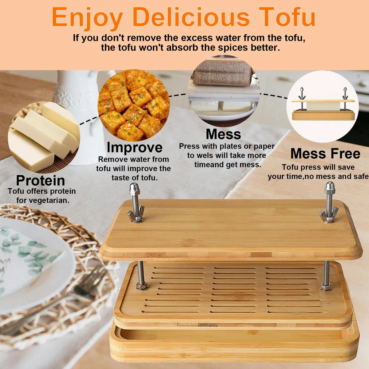 Prensa de tofu, prensa de tofu de material de bambú natural puro con colador de tofu, bandeja de goteo y gasa, sin BPA, fácil de limpiar, elimina fácilmente el agua del tofu, prensa de tofu eficiente,