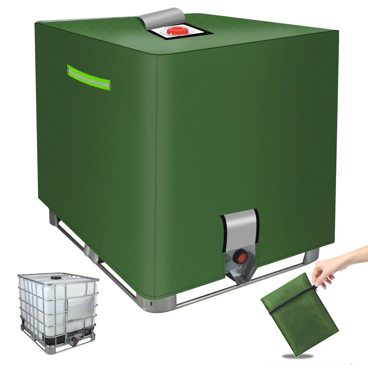MaxAwe Cubierta para depósito de agua IBC de 1000 L, con cierre de velcro y tiras reflectantes, 420D, impermeable, cubierta protectora IBC, color verde