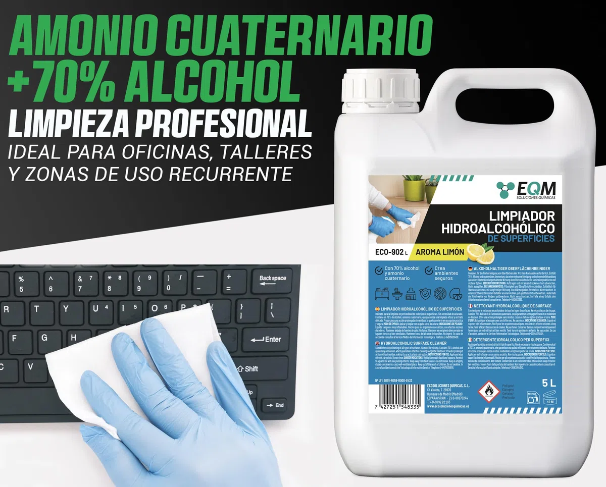 EQM - ECO-902L - Limpiador Hidroalcohólico de Superficies - 5L - Limpieza de Zonas de Alto Contacto - Acción Inmediata, sin Aclarado, no Deja Residuos - Esencia Limón
