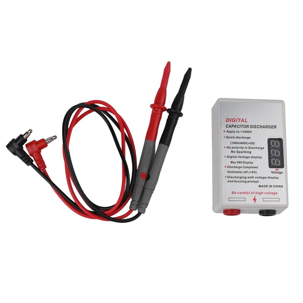 1000V Condensador Descargador con Pantalla Digital Herramienta Inteligente Descarga de Resistencia para Electricista DC 5-1000V Incluye Puntas de Prueba y Pinzas de Cocodrilo Blanco