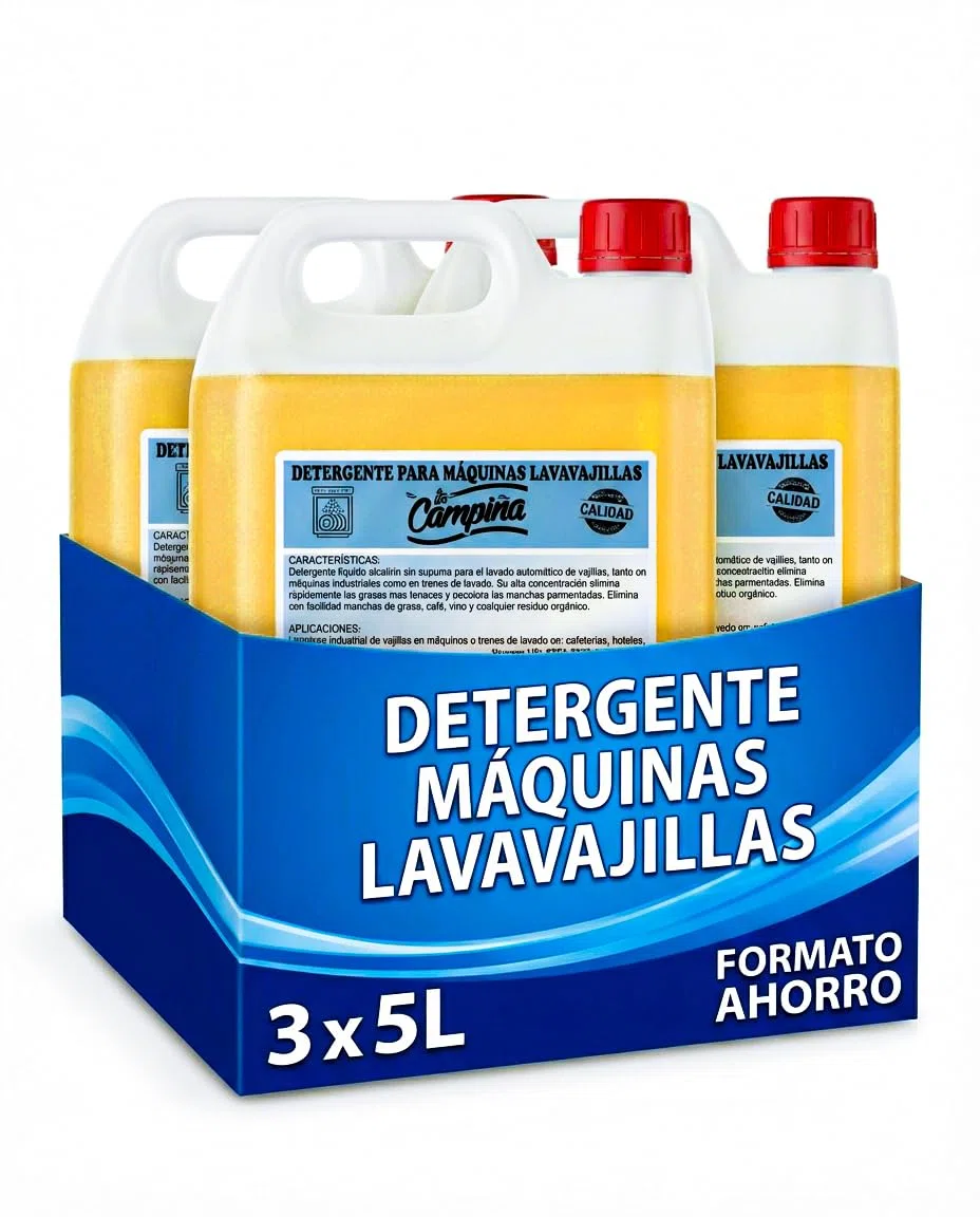 Detergente Lavavajillas Industrial Líquido Pack 3 Garrafas 5L Fórmula Alcalina Sin Espuma Alta Concentración Desengrasante Profesional Para Máquinas Y Trenes De Lavado Hostelería