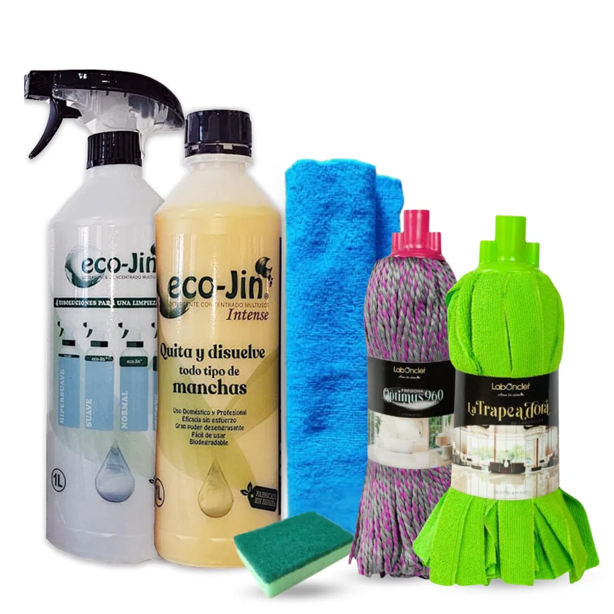 Eco-Jin Pack INTENSE | Difusor | Fregona Optimus | Fregona Trapeadora | Bayeta Microfibra | Estropajo Con Esponja | Limpiador Multiusos