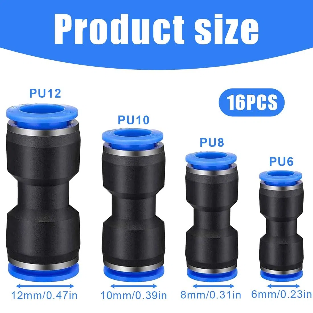 16 Piezas 6mm/8mm/10mm/12mm Reducción Neumática Recta Empujar para Conectar Adaptador de Liberación Rápida Reductor Accesorios