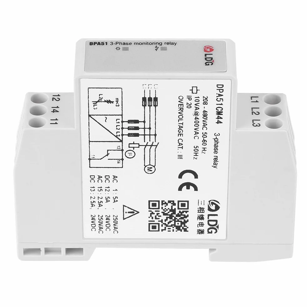 DPA51CM44 Relé de monitoreo trifásico, relé de monitoreo de corriente/voltaje Protector de secuencia de fase para trifásico, sin neutro, pérdida de fase y secuencia de fase incorrecta