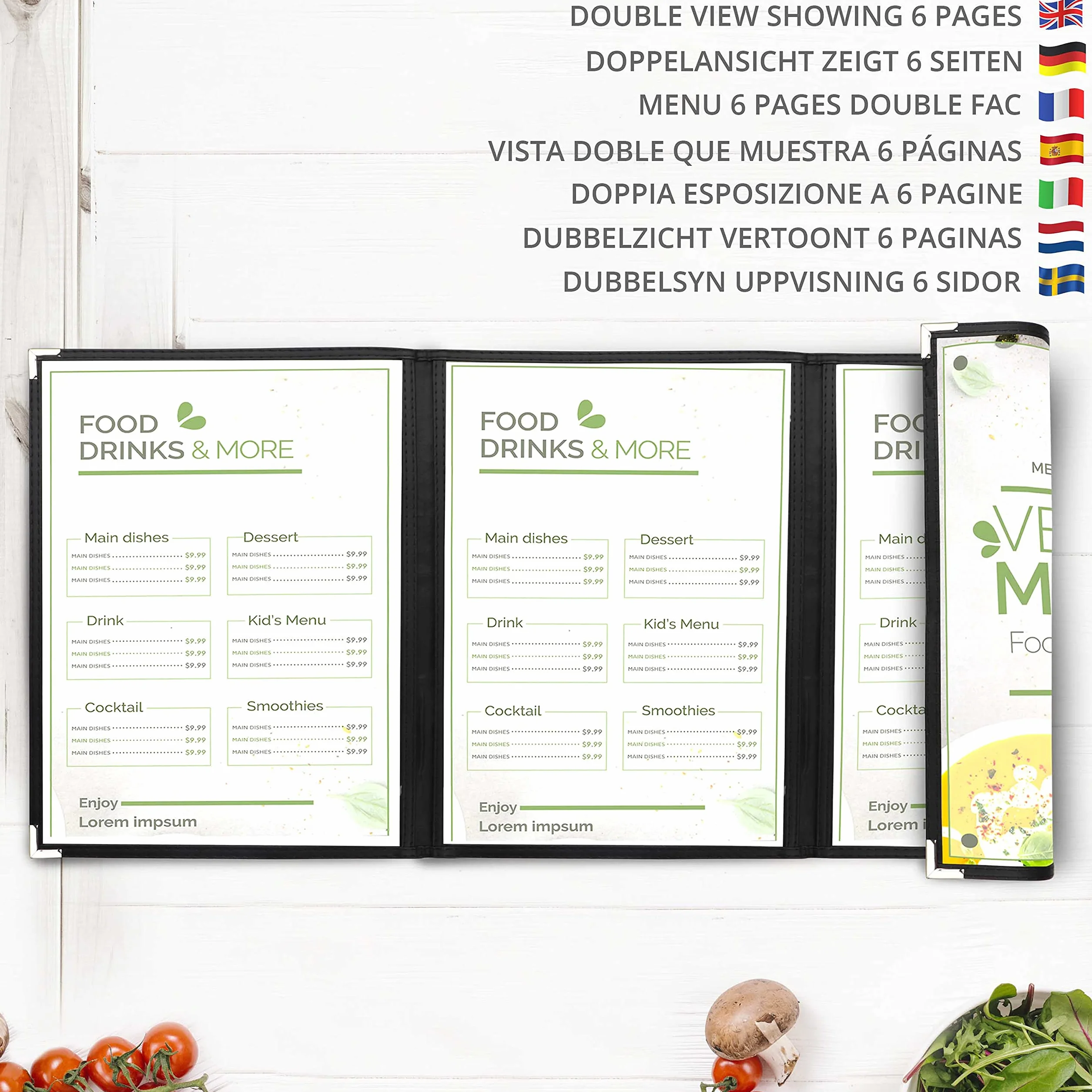 Kurtzy Funda para Cartas de Restaurantes Tres Pliegues A5 (Pack de 10) - 3 Pliegues Vista Doble Estilo Americano - Fundas de Cartas Negras Protectores de Esquina – Para Restaurantes, Bares, Cafés