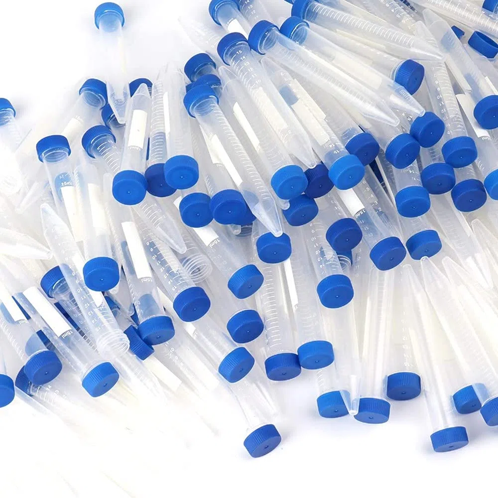 100 tubos centrífugos de plástico de 15 ml, tapa de rosca azul, base cónica, graduación marcada