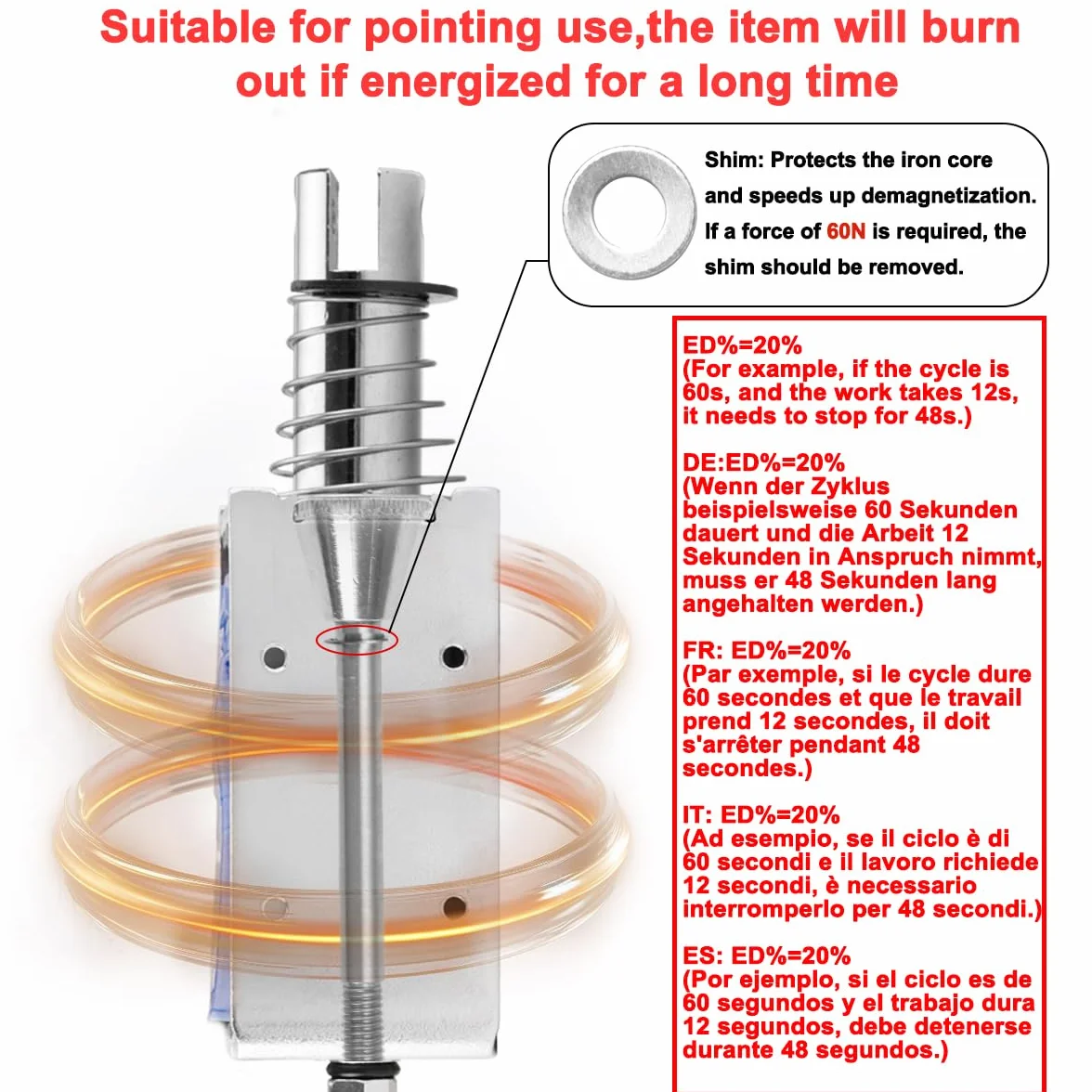Heschen Electroimán de solenoide, HS-1564B, DC12V 3A, carrera de 20mm, fuerza 60N, tipo Push Pull Tipo, marco abierto, movimiento lineal