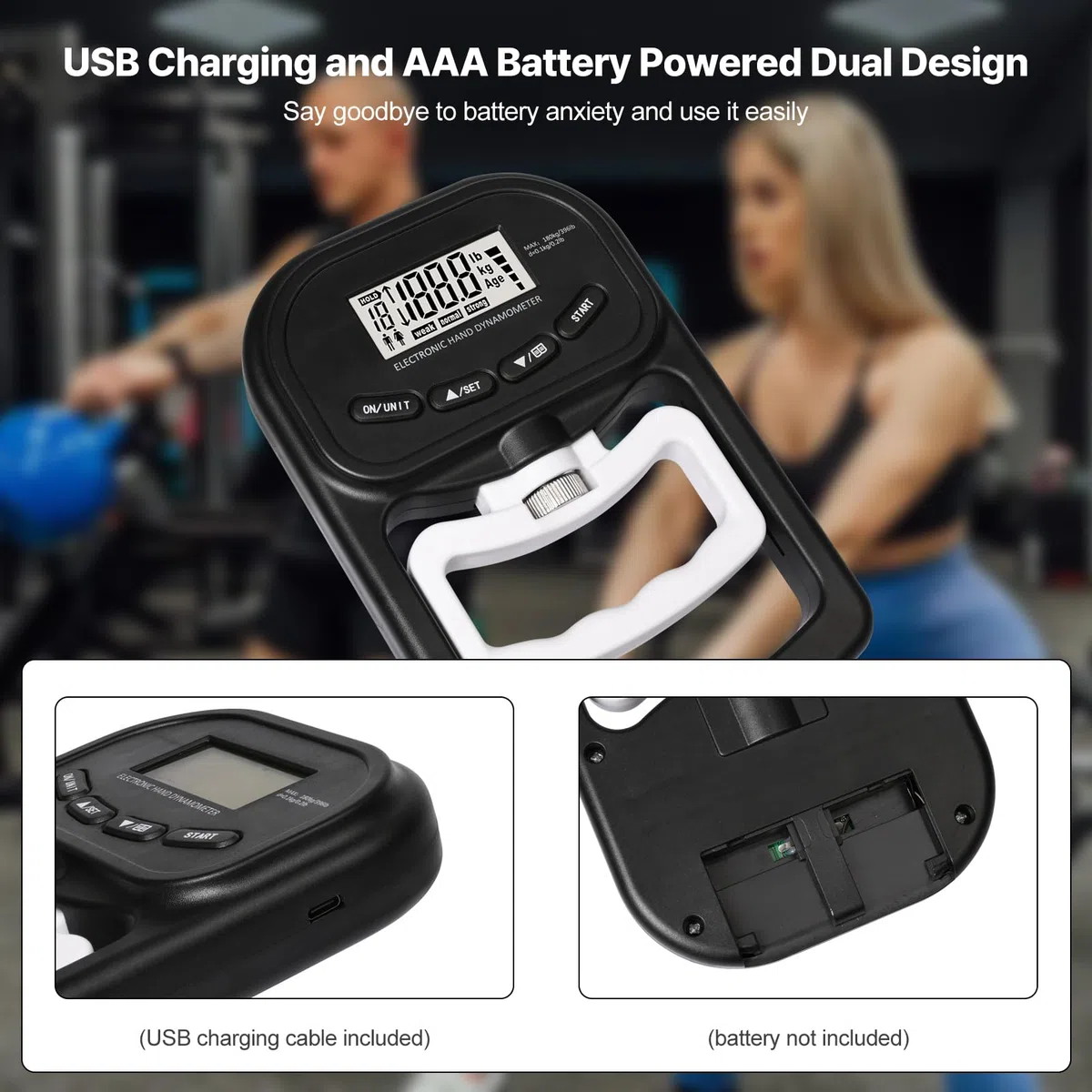 Dinamómetro de Mano Digital 396lb/180Kg, Probador de Fuerza de Agarre Digital con Pantalla LED Grande, Medidor Digital de Mano con Cable USB, Entrenador de Fuerza de Agarre para Adultos, Niños