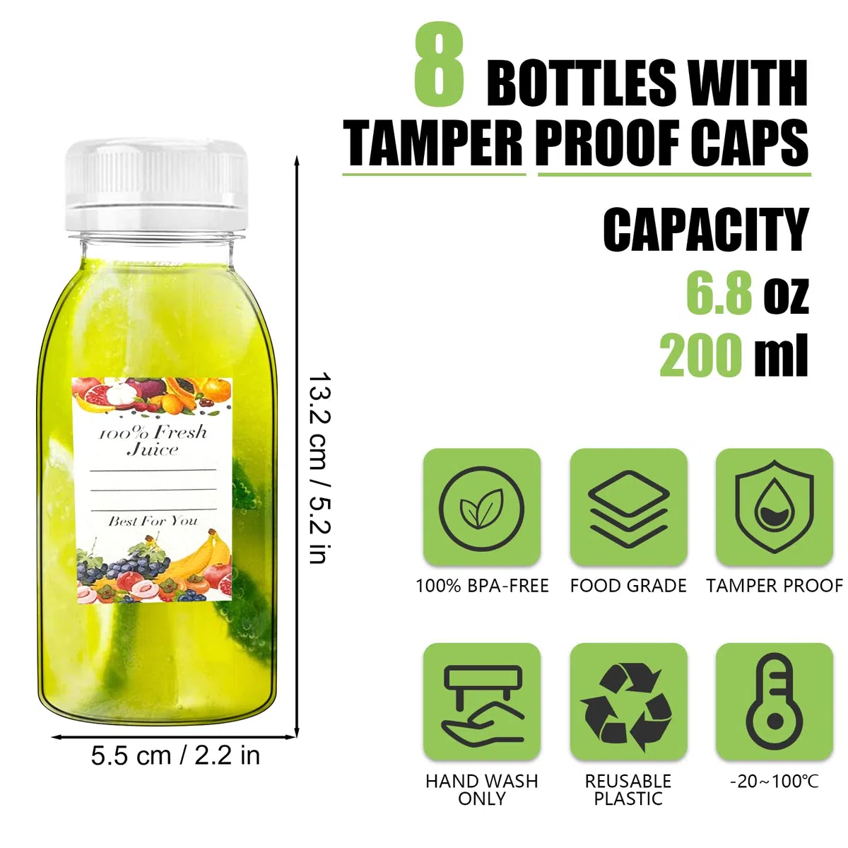 Botellas de jugo de plástico de 200 ml, botellas pequeñas de 100 ℃ con tapas, sin BPA, reutilizable, con tapas, mini chupito de jengibre vacío para jugo de leche, batido, agua, mini refrigerador