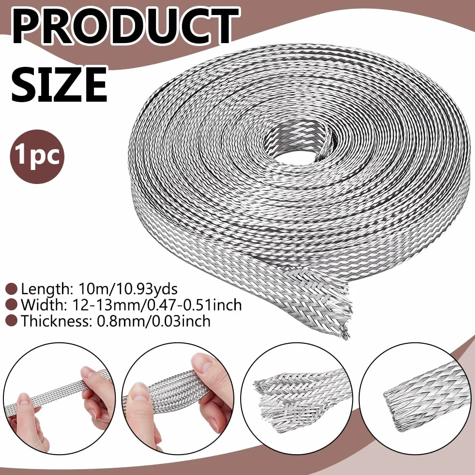 NBEADS Cinta trenzada de acero inoxidable de 10 m, cable de blindaje de alambre, correa de tierra de 12 a 13 mm de ancho, cinta de red escalable para protección de cables