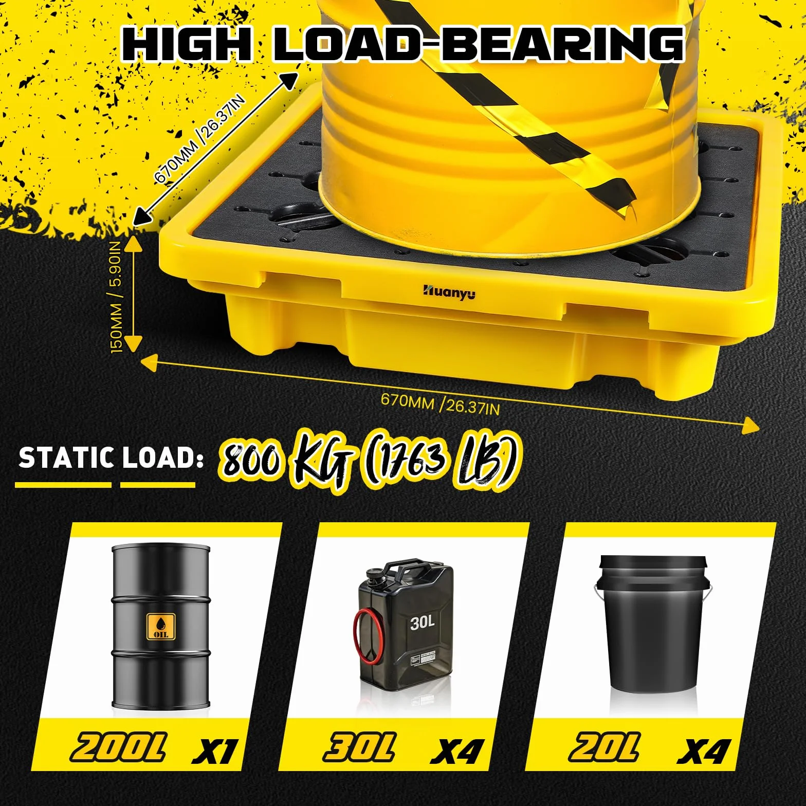 Huanyu Spill Containment Platform with Drain Plataforma de contención de vertidos 43L Paleta de contención de vertidos con desagüe Capacidad de carga 800kg Bandeja de contención 67x67x15cm