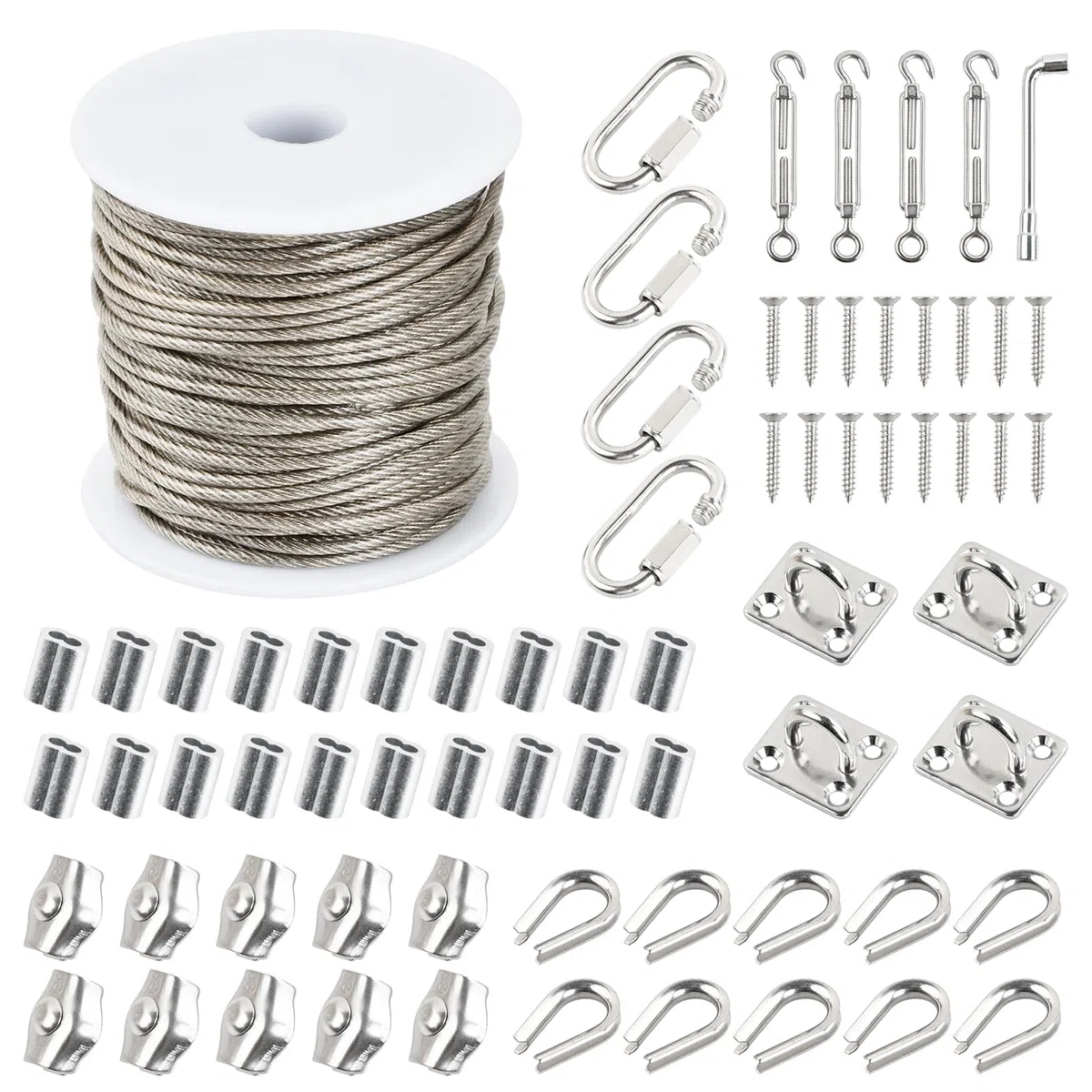 70 Pcs Kit 30m Cable Acero Plastificado 2mm 7x7 con 4 Tensores de Alambre, 20 Presillas, 10 Abrazaderas, 10 Guardacabos, 4 Ganchos y 4 Mosquetones, Cuerda para Tender Ropa Exterior Jardín (2mm)