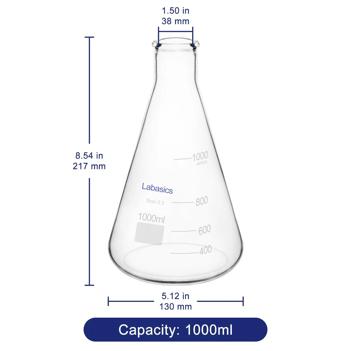 Labasics Matraces Erlenmeyer en Boca Estrecha, Erlenmeyer Flask Matraz de Cristal de Borosilicato con Borde Resistente - 1L