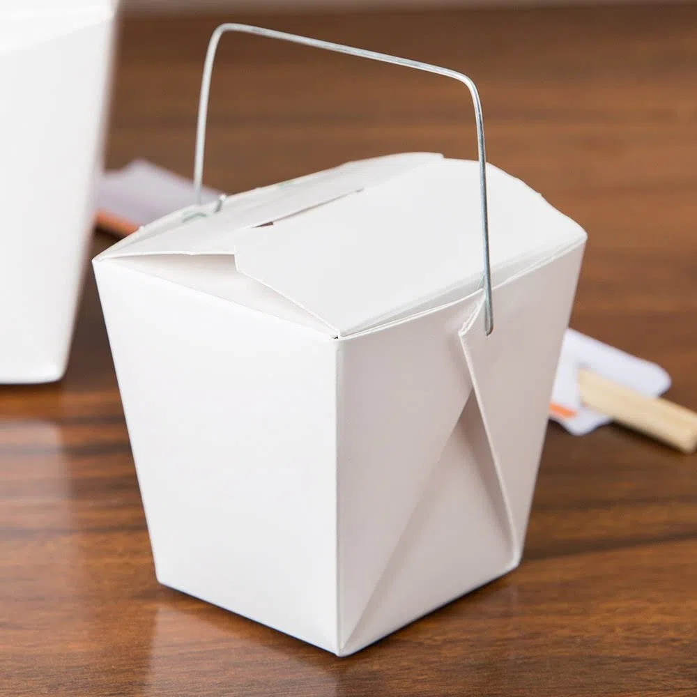 Caja de papel blanco asiático chino con mango de alambre, resistente a fugas y grasa apilable para ir cajas (25, 16 onzas)