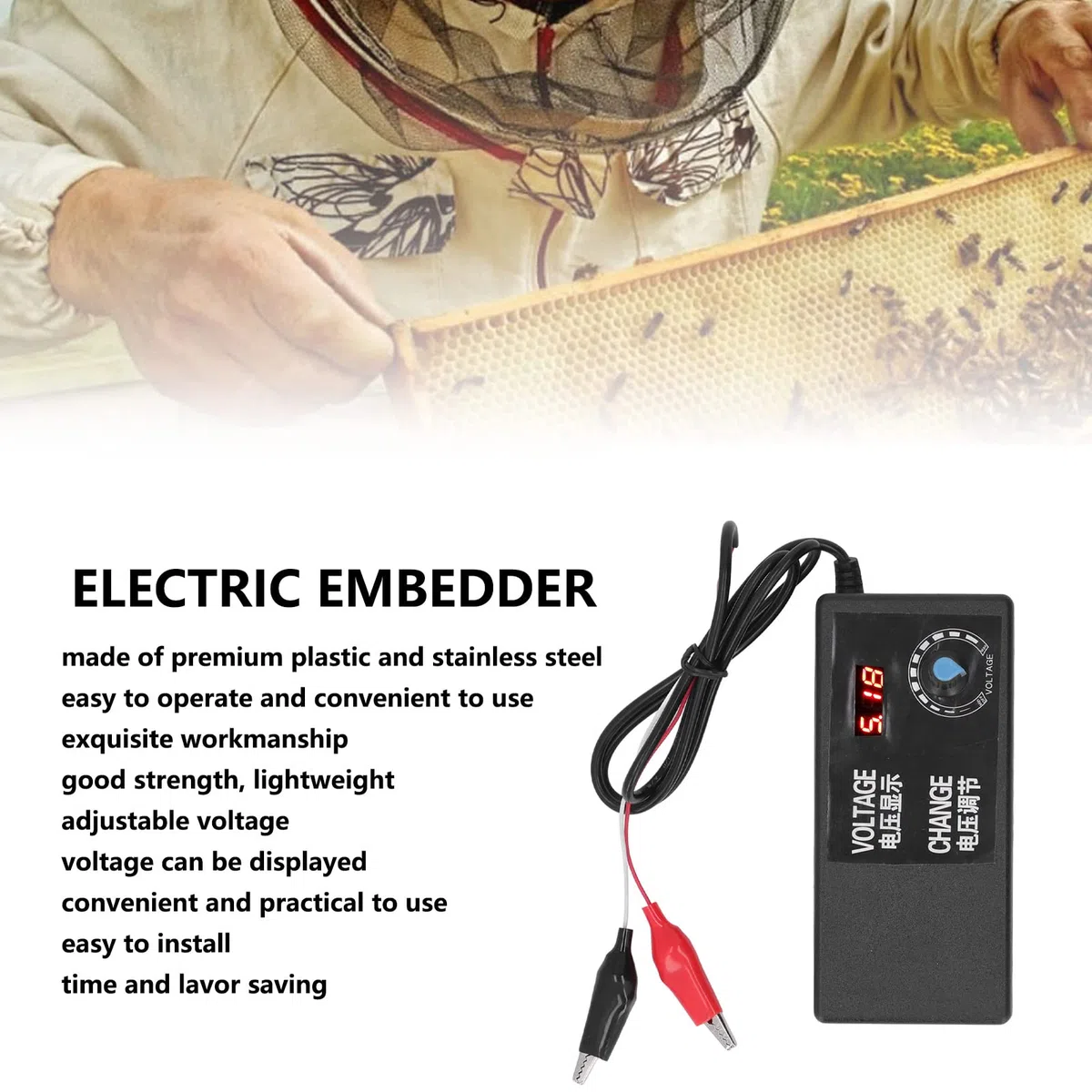 Incrustador de Marcos de Colmena, 12V 5A Incrustador Electrico con Voltaje Ajustable, Base de Cera, Marco Colmena Abejas, Material Plástico y Acero, Calentamiento Rápido para Apicultores