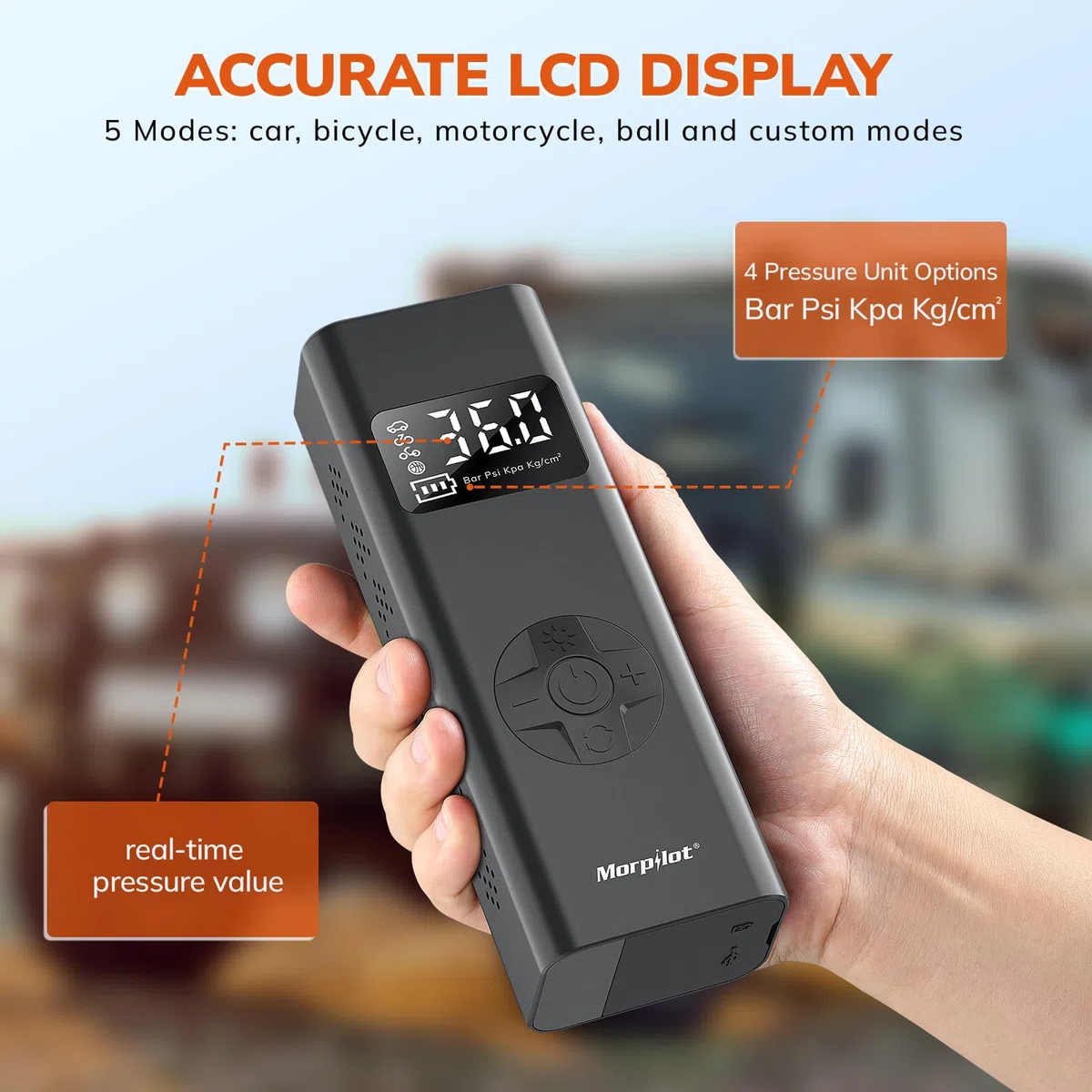 Morpilot 7800mAh Compresor de Aire Portátil, 150 PSI Inflador Inalámbrico para Neumáticos de Coche con Enchufe para Encendedor, Luz LED, Manguera de 30 cm y 4 Agujas para Coches, Motos, Bicicletas
