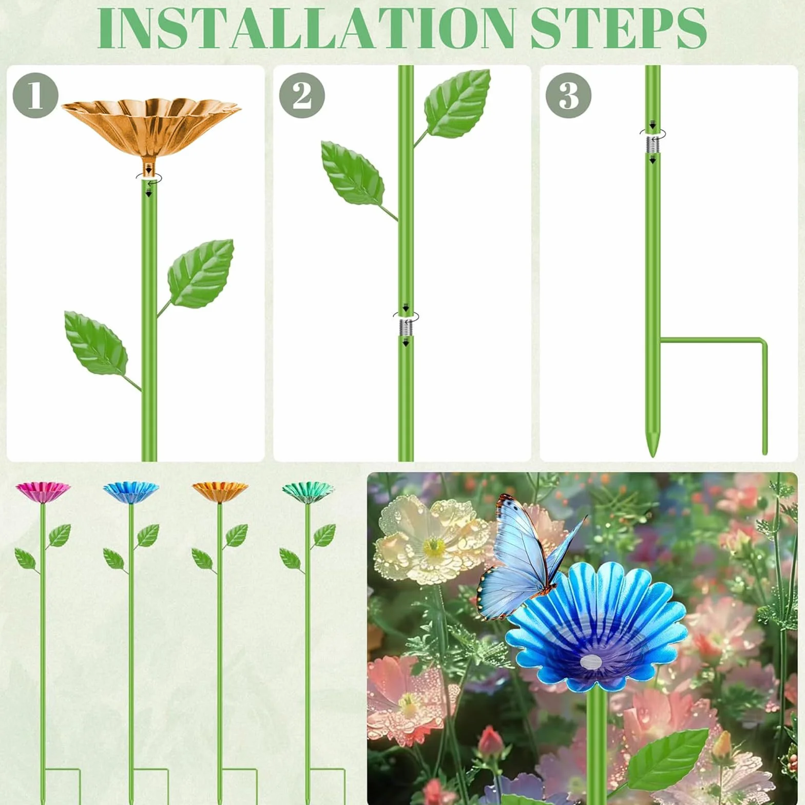 ZONSUSE Estación de Agua para Abejas Jardín, Bebedero para Abejas, Comedero para Mariposas y Baño de Insectos, Estacas de Flores de Metal, Estación de Riego Decoración Exterior Regalo (4 Unidades)