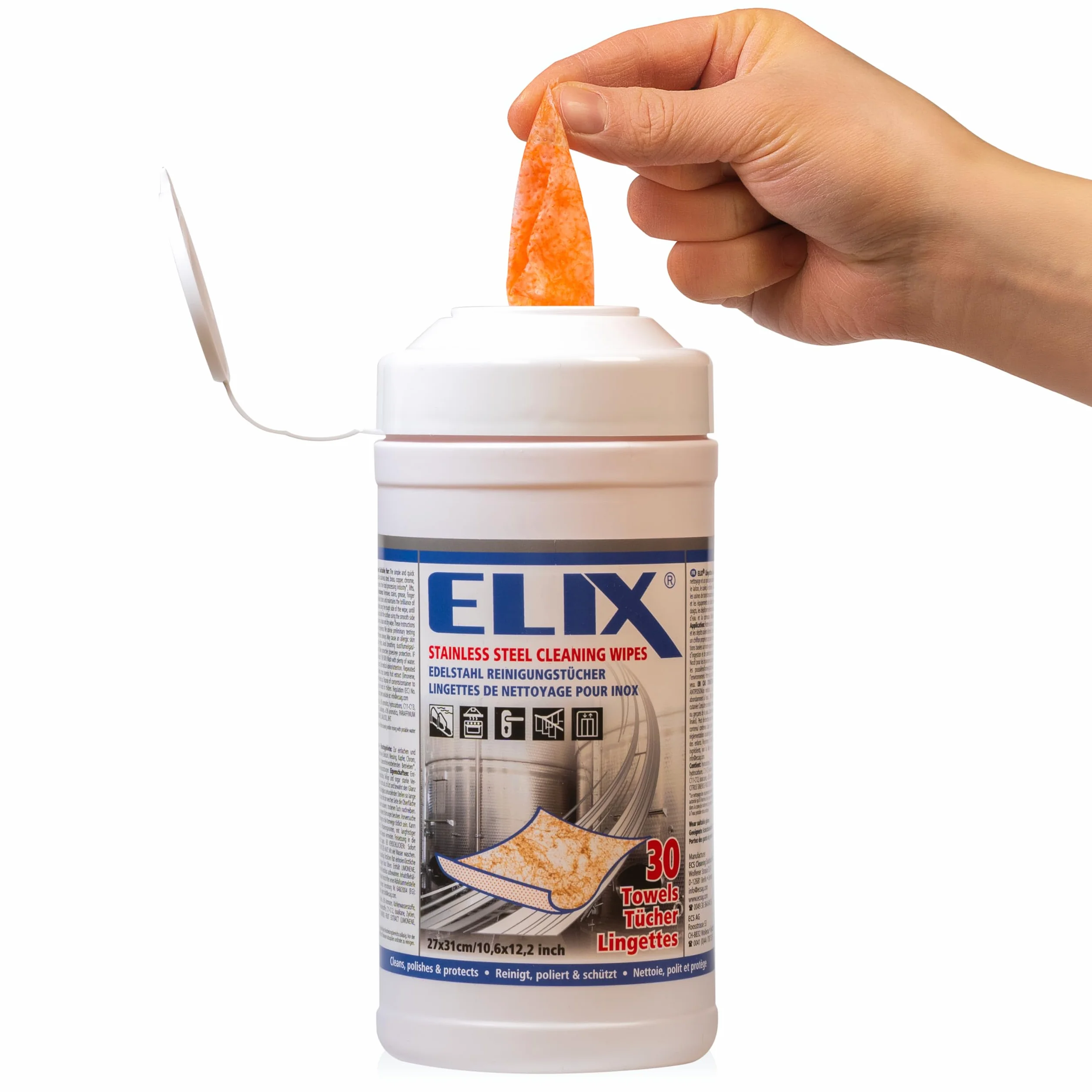 ELIX Toallitas Húmedas para Acero Inoxidable - para Acero Inoxidable, Aluminio, Cerámica, Cromo, Cobre y Latón - 30 Unidades en Dispensador - Paños Húmedos 27 * 31cm Naranja - Resistentes y Eficaces