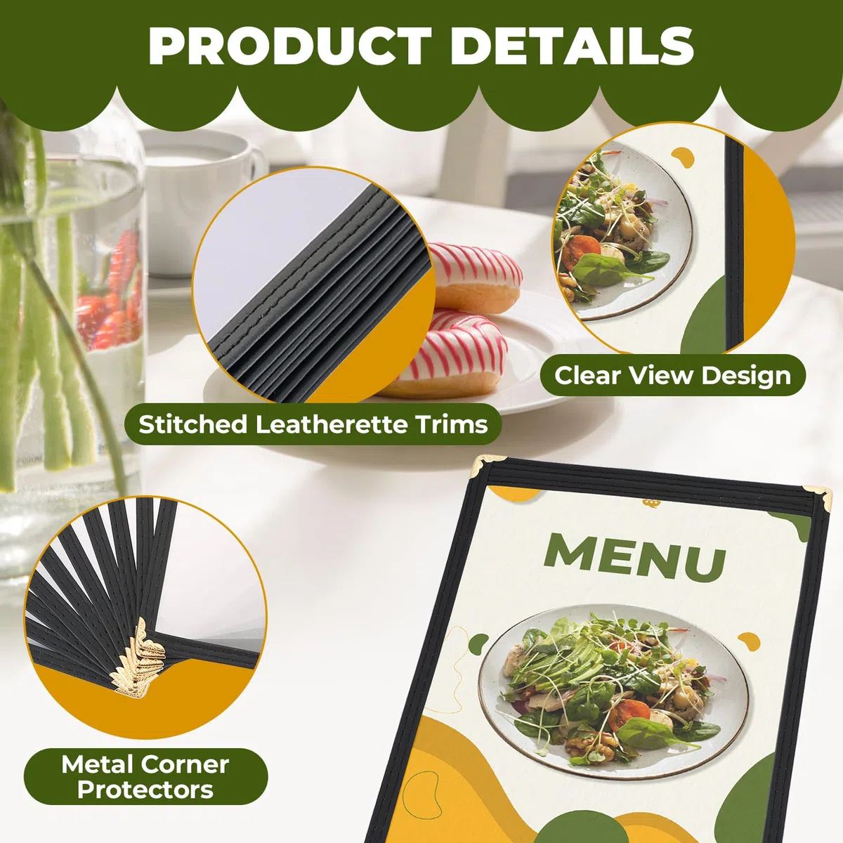 DASBET Cubiertas de menú A5, soporte para menús de restaurante, 1 página y 2 vistas, cubiertas de menú transparentes, carpeta de menús negra, libro de menús transparente con protectores de esquina de