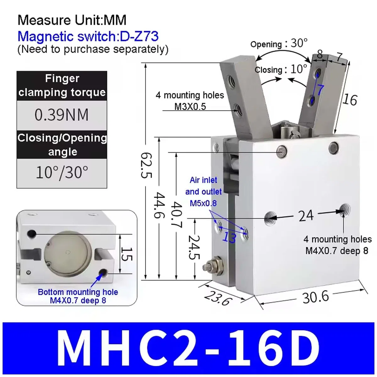Pinza Neumática Angular MHC2, Pinza Robótica con Cilindro Neumático de Doble Acción (16D)