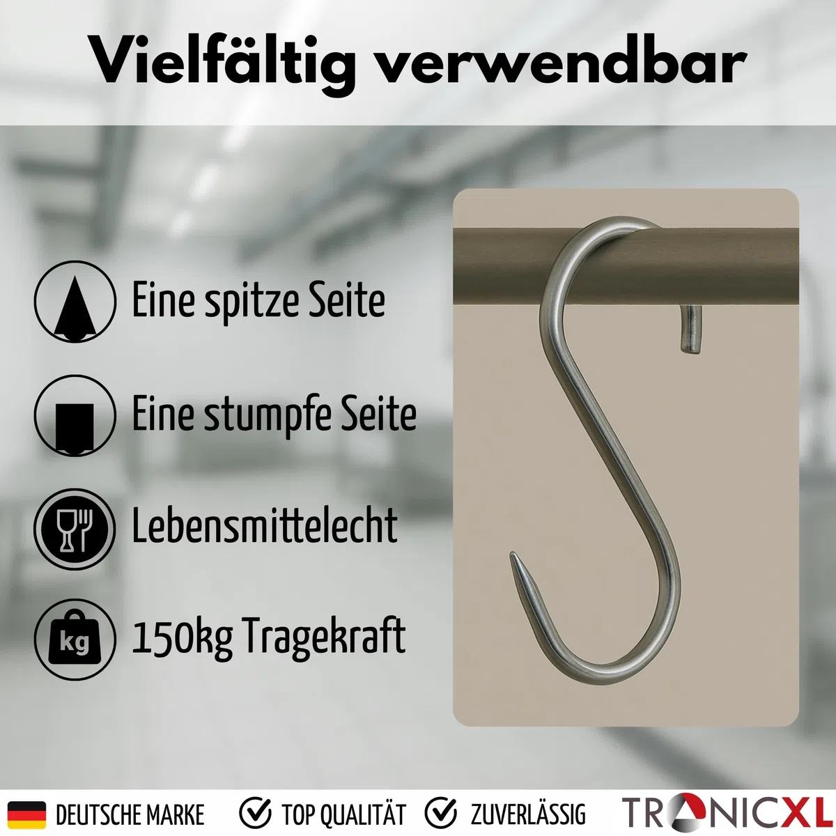 TronicXL Premium - Gancho en S de acero inoxidable, 200 mm x 10 mm, para carne, carnicero, ahumado, acero inoxidable, carnicero, carnicería, metal