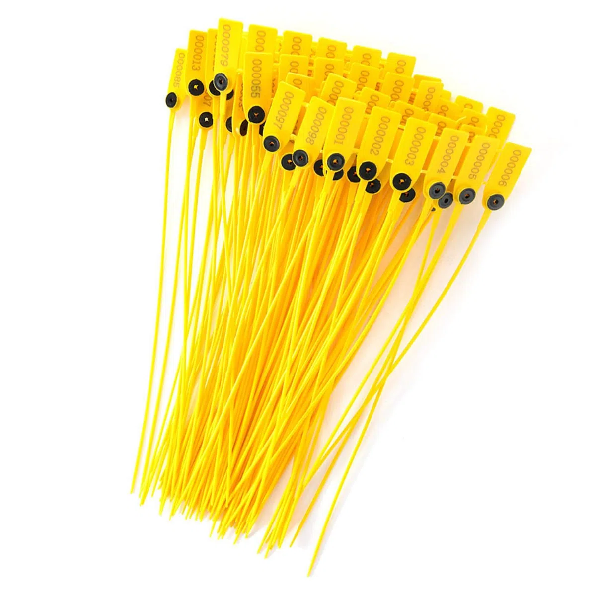 Etiqueta de sello de plástico, 100 piezas, paquete amarillo, camión de transporte, sello de seguridad de plástico, etiqueta de 40 cm, bridas para cables con número