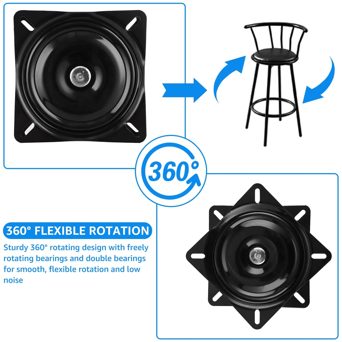 AKOLAFE 2 unidades de herrajes giratorios para cargas pesadas 360, rodamientos giratorios, carga pesada, 200 kg, 6 pulgadas/153 mm, placa giratoria de acero inoxidable de 360 grados, color negro