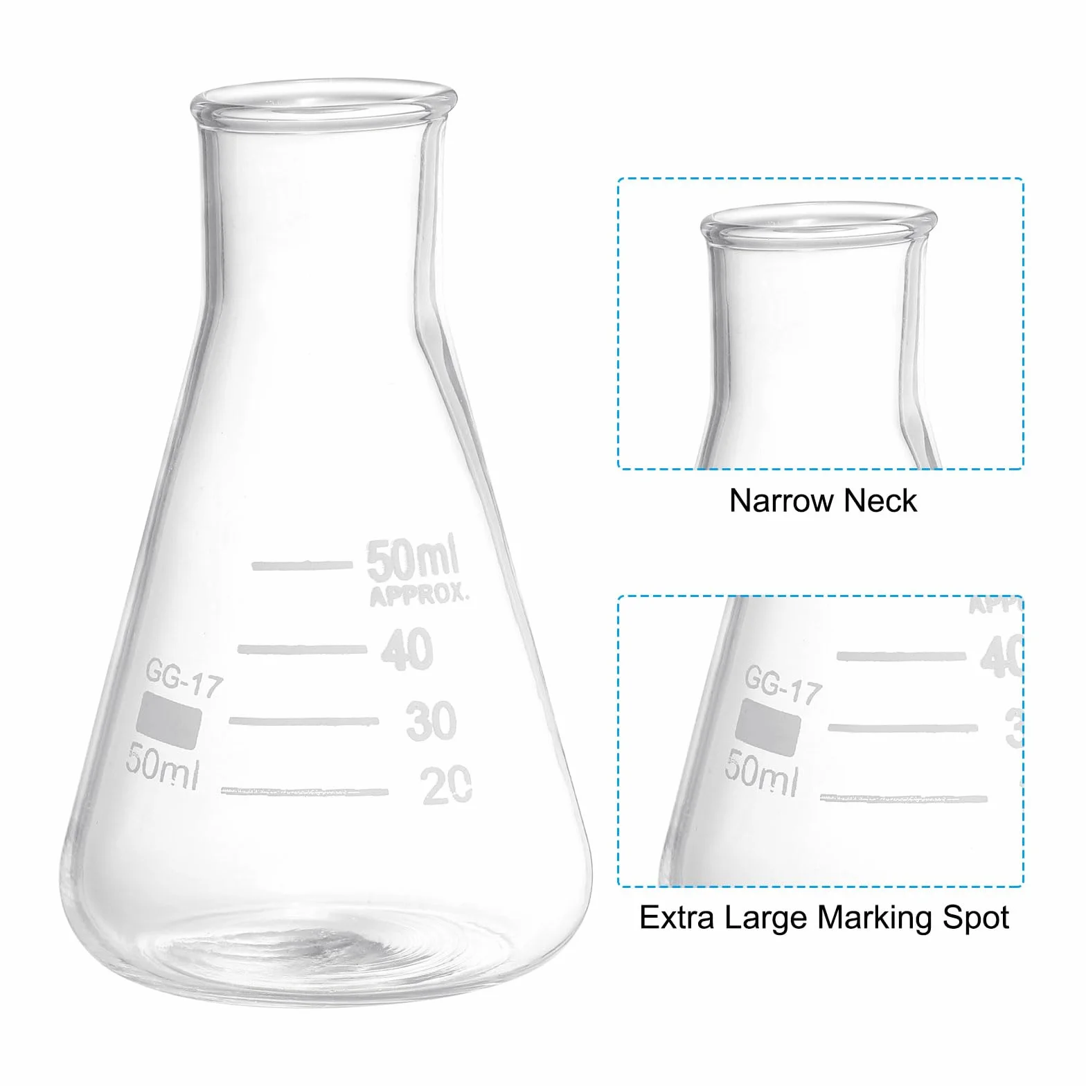 PATIKIL Matraz Erlenmeyer 6 Piezas 50Ml con Boca Estrecha Y Graduado Impreso de Vidrio de Borosilicato para Laboratorio Experimentos Química Estudio Científico