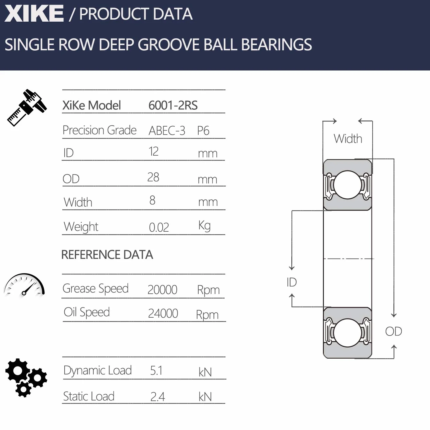 XiKe 6001-2RS Rodamiento de bolas 12x28x8mm - Sellado Doble de Goma, Acero Cromado, Prelubricado - 10 pzas.