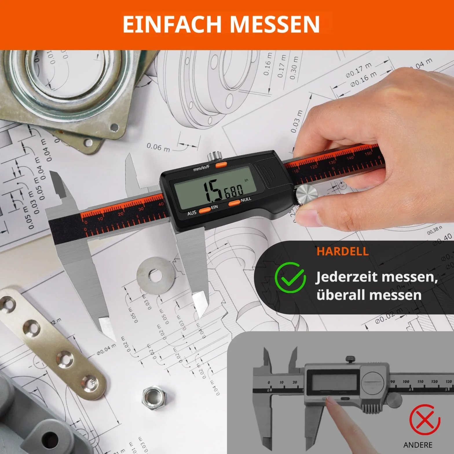 HARDELL Calibrador Digital 0-8 Pulgadas, Pantalla LCD Grande, Acero Inoxidable, Apagado Automático, Medición en Pulgadas/Milímetros/Fracciones, Impermeable, Herramienta de Precisión para Bricolaje