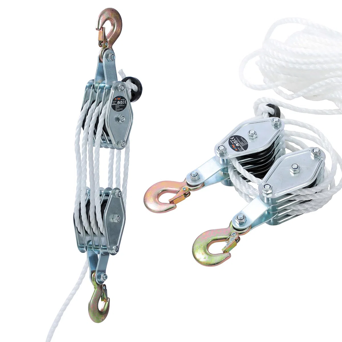 KATSU Tools Sistema de Poleas para Elevación, Capacidad de Rotura 4400lbs, Cuerda de Nylon 20m x 8mm, Ganchos de Acero, para Garaje y Construcción