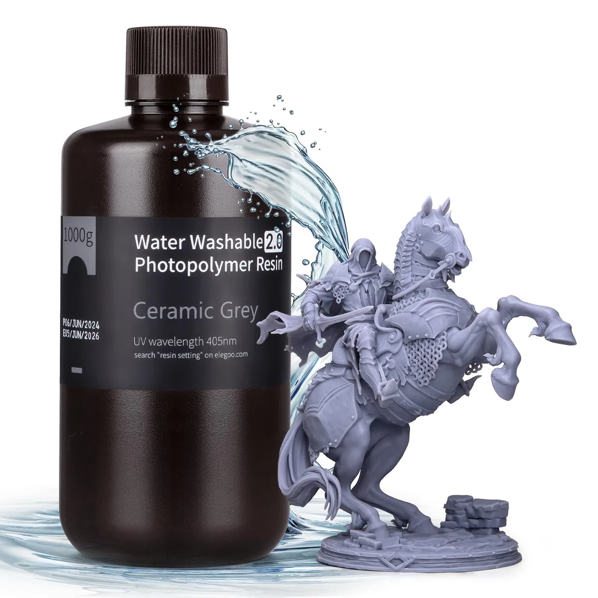 ELEGOO Resina Lavable con Agua 2.0 Resina UV Rápida 395-405nm Resina de Impresión 3D de Fotopolímero para Impresora 3D LCD/DLP/SLA, 1000Gram Gris Arcilla