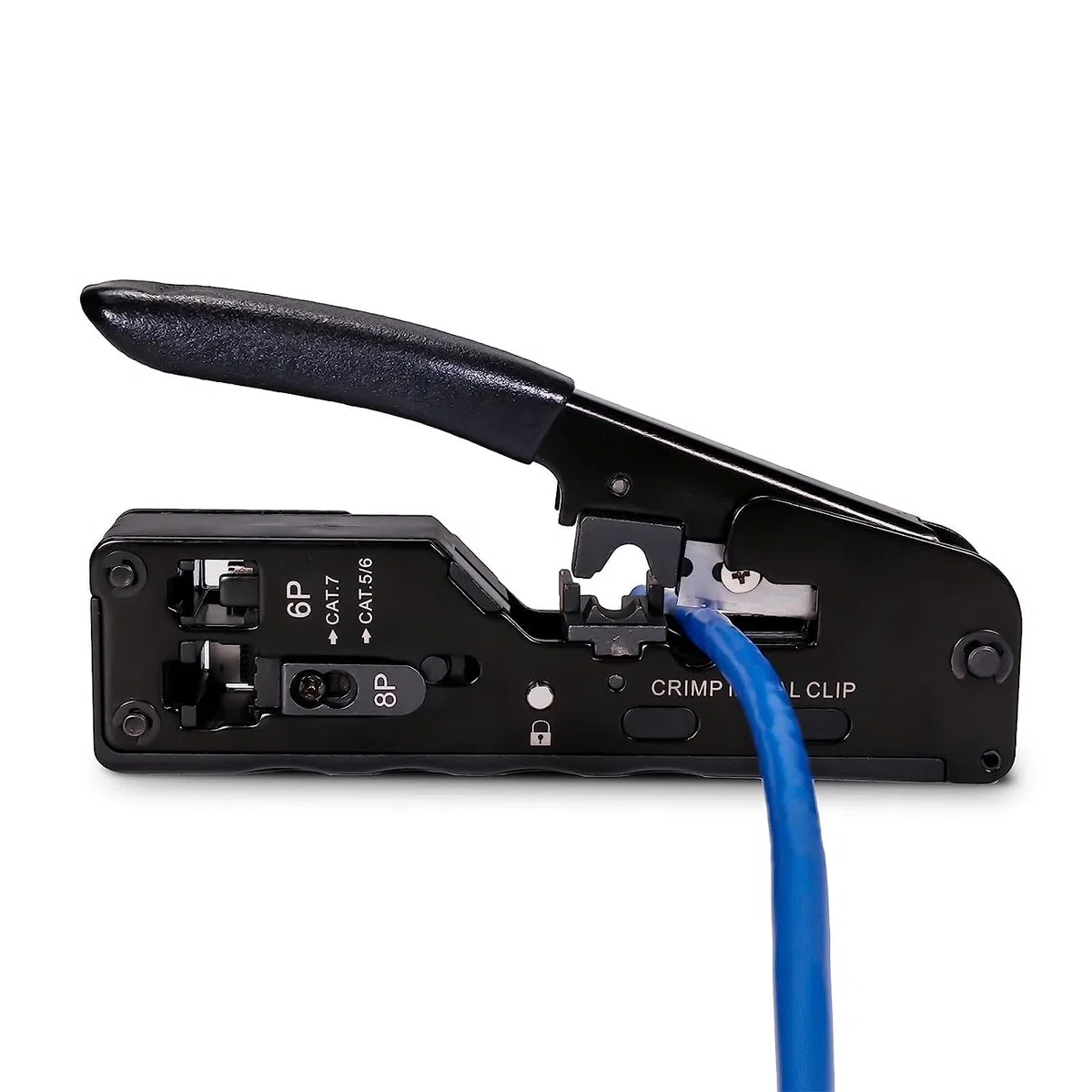 QSFPTEK RJ45/RJ11/RJ12 Cortador, Crimpadora rj45 Pasante, RJ45 Herramienta de Engarzado para Cat5/5e/6/6a/7/8, Incluye 1*Azul Crimper, 1*Cuchilla Reemplazo, Mini Pelador Cable, 50*Conectore, 50*Funda