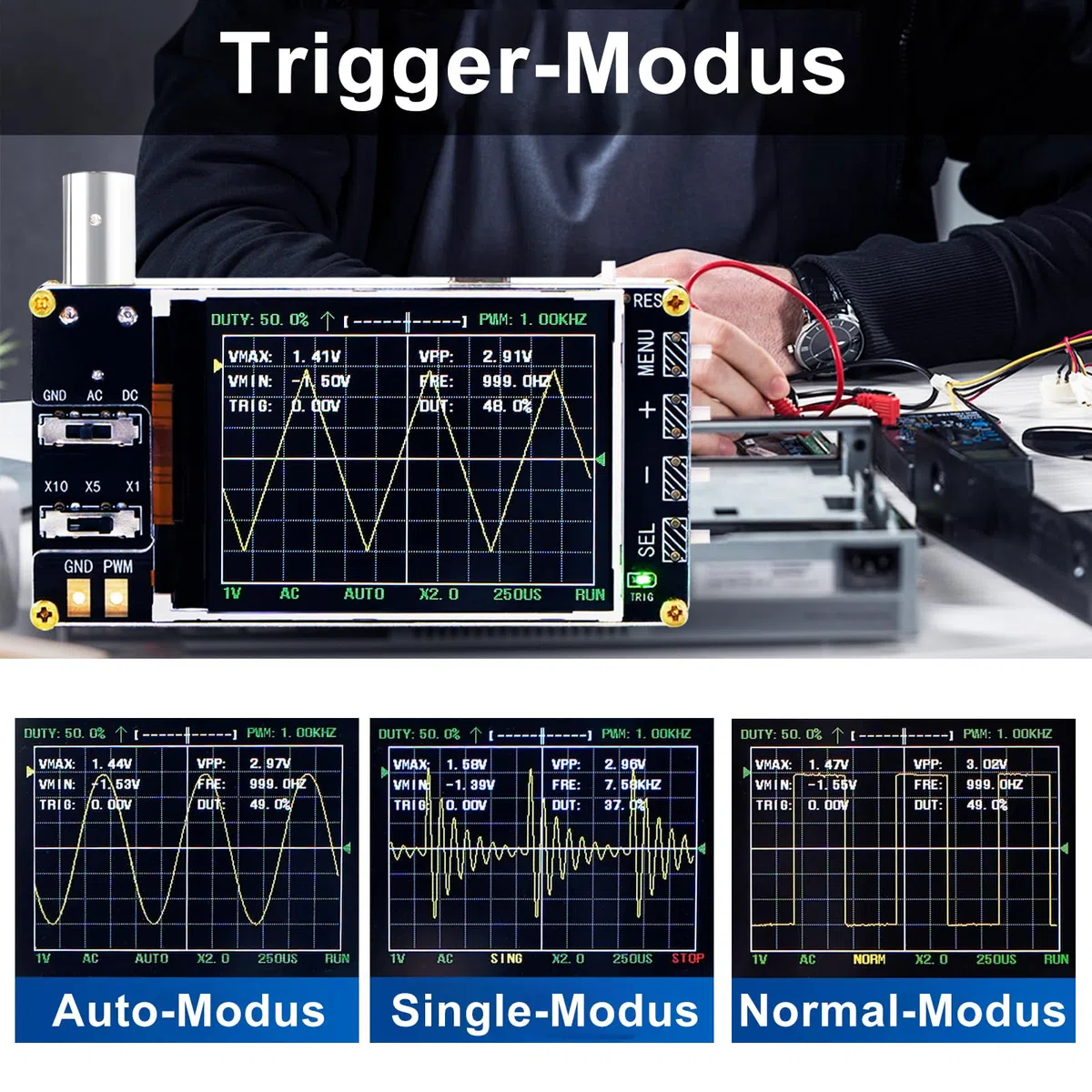 Treedix Kit de mini osciloscopio digital de mano con pantalla LCD de 2,4 pulgadas, 3 modos de disparo, 24 MSa/s de alta frecuencia de muestreo, ancho de banda de 200 kHz, sensibilidad X10/X5/X1,