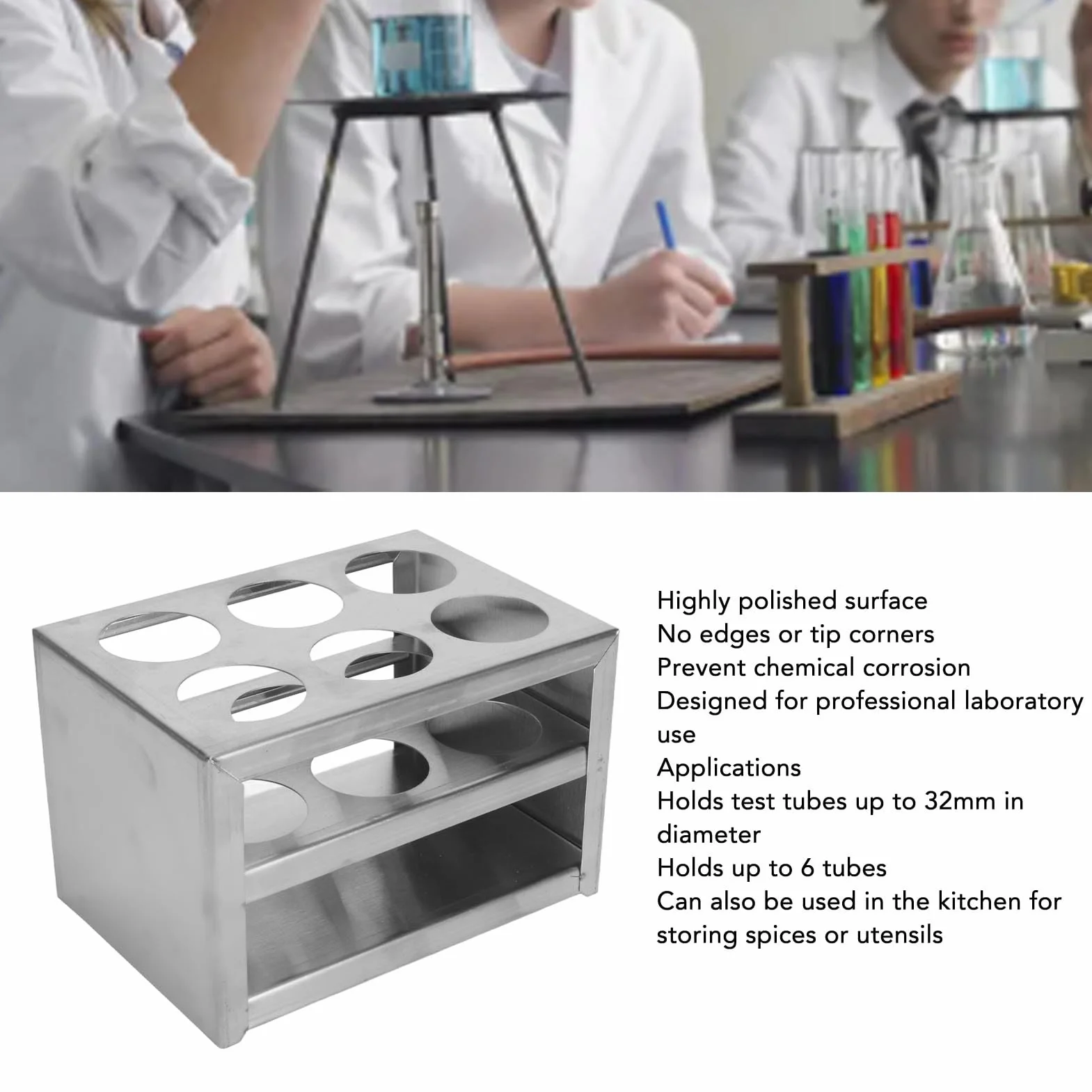 Naroote Soporte para Tubos de Ensayo de Acero Inoxidable, Estante Duradero de 6 Orificios para Tubos de 32 Mm para Uso en Laboratorio y Cocina, Acero Inoxidable 304