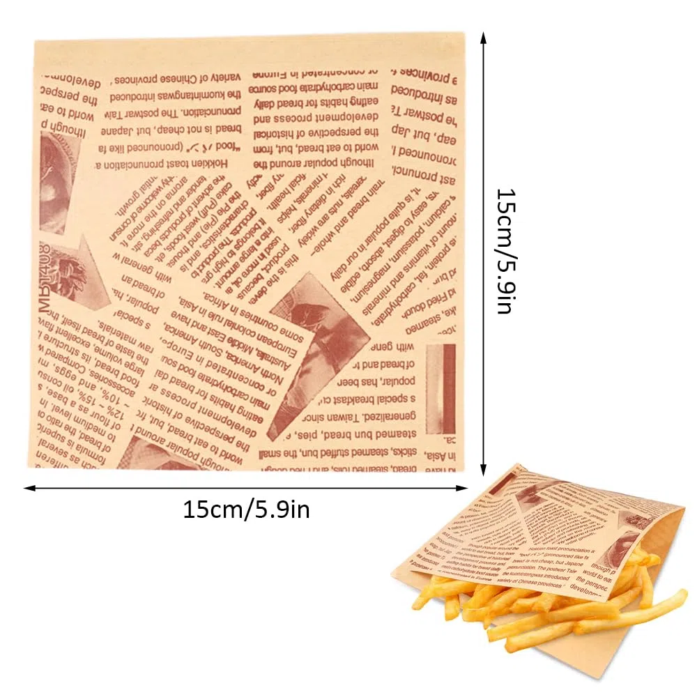 200 Piezas Bolsa de Papel para Envolver Alimentos, 15 x 15 cm Bolsas de Papel para Hamburguesas Sándwich, Bolsas de Comida a Prueba de Grasa, Papels Hamburguesa Antigrasa