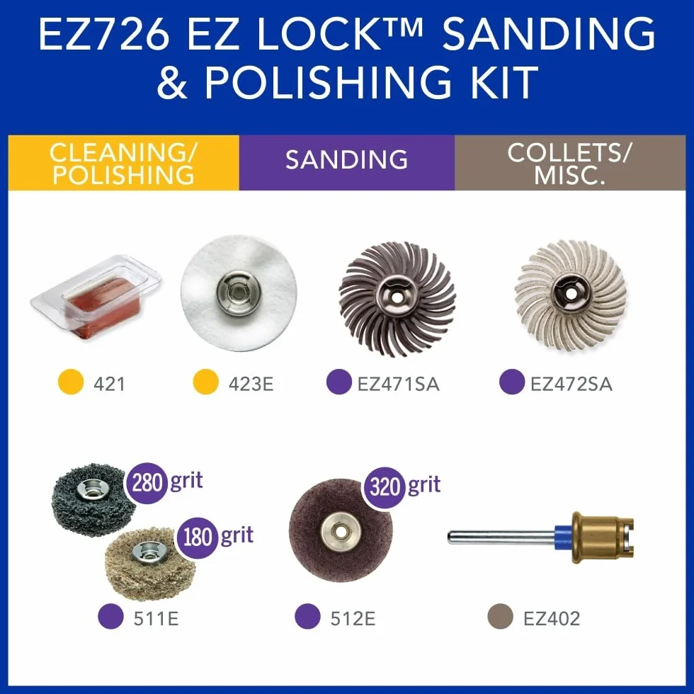 Dremel EZ726-01 EZ Lock - Juego de accesorios para herramientas rotativas para lijado, limpieza precisa o pulido de materiales, 8 piezas