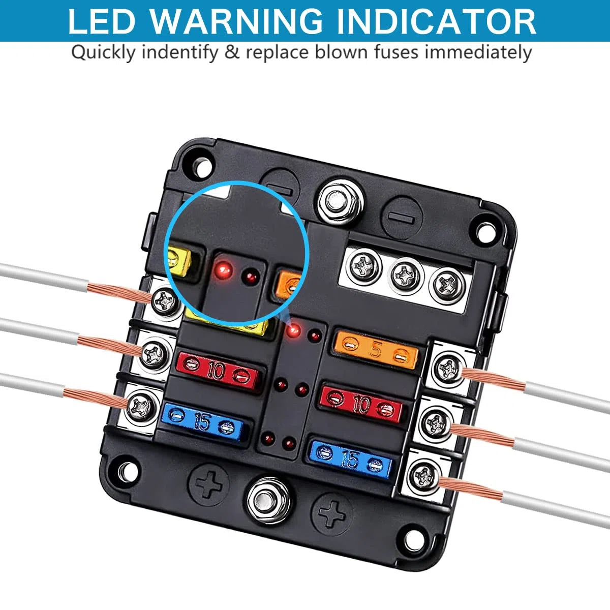 Bloque de fusibles de 6 vías, fusible de hoja de 12 V, 6 circuitos ATC/ATO, impermeable, soporte de caja de fusibles con indicador LED, cubierta impermeable para 12 V/24 V, camión, barco, caravana,