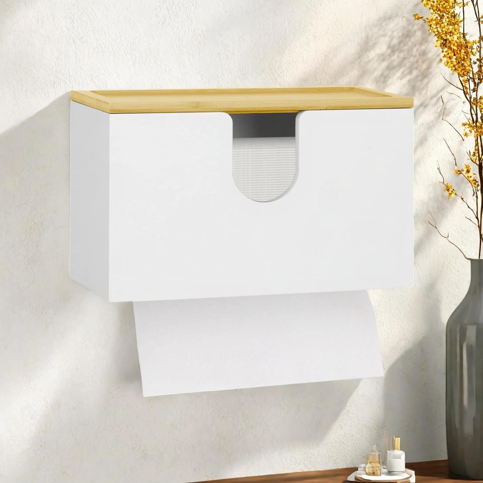 Dispensador de toallas de papel de pared, dispensador de toallas de papel de bambú 27,5 x 16 x 13 cm, blanco dispensador de papel de pared con tapa para salón, baño, inodoro