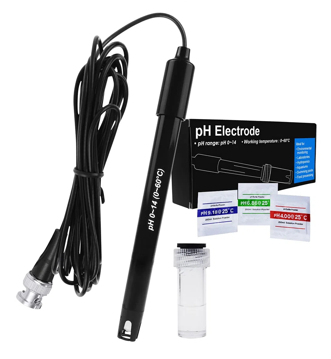 GAIN EXPRESS Electrode pH 0-14 muestra con conexión BNC, cable 300 cm para prueba de pH, kit de reemplazo para acuario, hidroponía, planta, piscina, spa